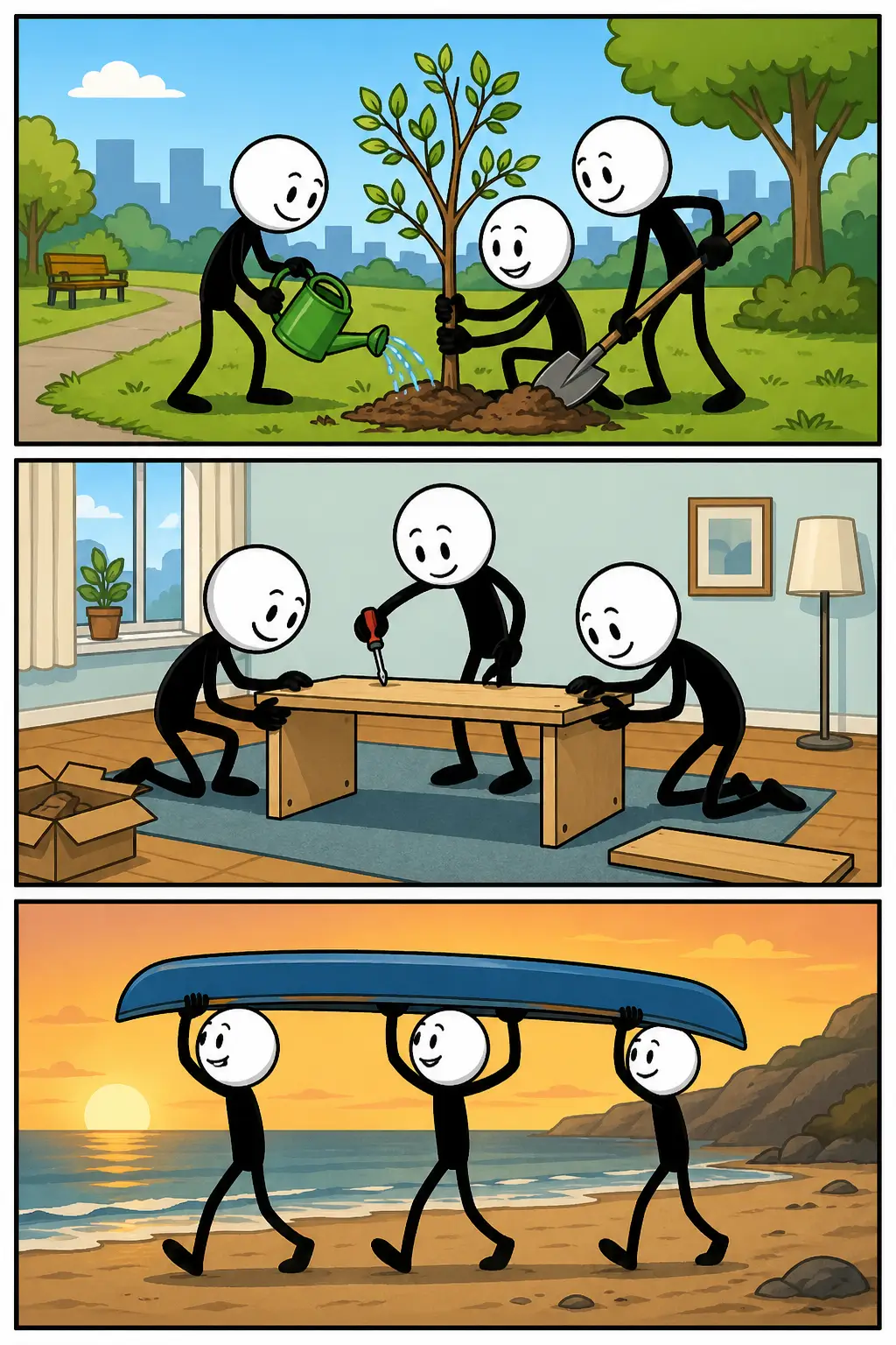 Drie panelen met een stickman met witte kop en zwart lichaam die samenwerkt met anderen: in een park planten ze samen een boom, binnen bouwen ze gezamenlijk een tafel en op het strand dragen ze met z’n drieën een kano bij zonsondergang, alles straalt het gevoel van gezamenlijk handelen uit.