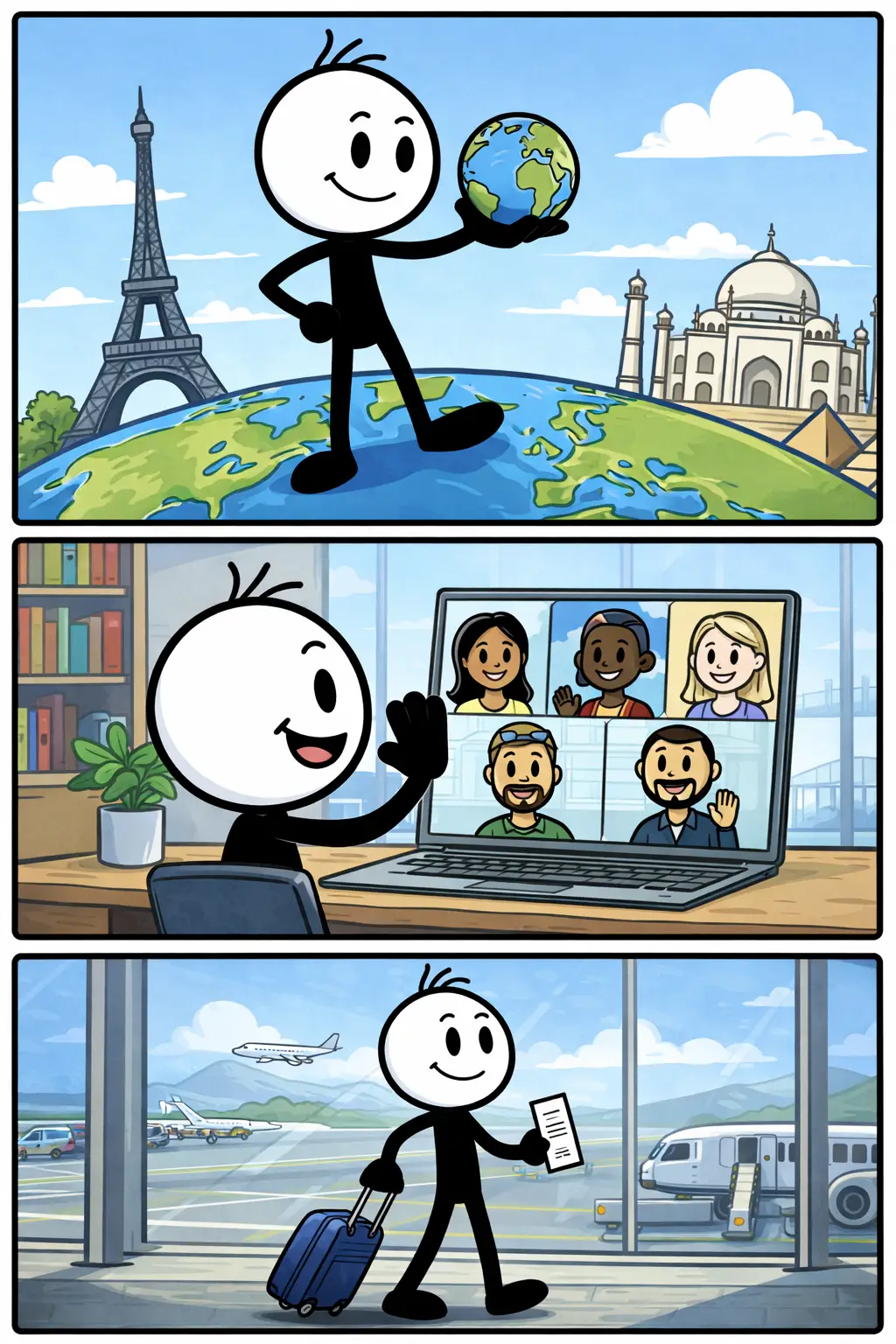 Drie panelen met een Toonwords-stickman die globaal denkt: eerst kijkt hij naar een wereldkaart, daarna wijst hij grote gebieden aan zonder details, en tot slot overziet hij alles van een afstand met een brede blik.