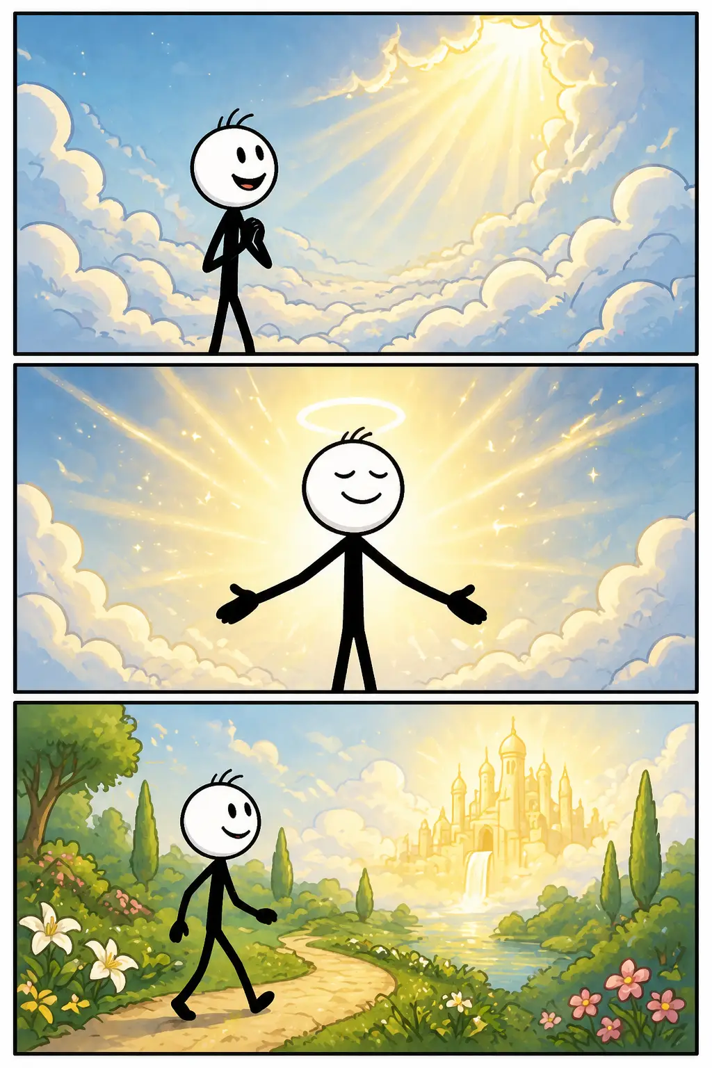 Drie verticale strip-panelen met een stickman in een rustige, bijna magische omgeving met lichtstralen uit de lucht, waarbij een goddelijke aanwezigheid voelbaar is, passend bij het woord goddelijk