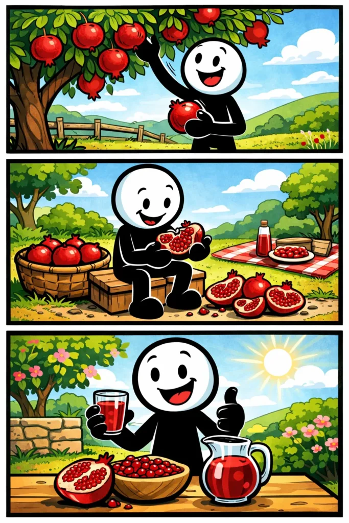 Een kleurrijke Toonwords-strip met drie panelen: een stickman staat bij een granaatappelboom, plukt een vrucht en bekijkt nieuwsgierig de geopende granaatappel met rode pitjes.
