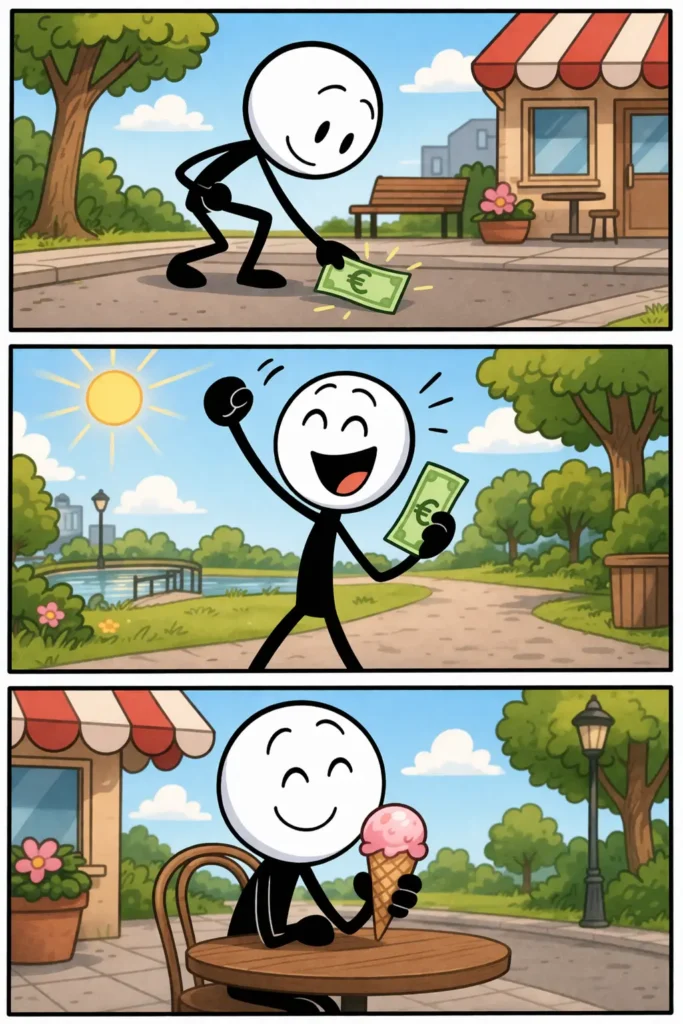 Een vrolijke stickman die geld vindt, blij reageert en vervolgens ontspannen geniet van een ijsje op een zonnig terras, wat het woord gunstig uitbeeldt.