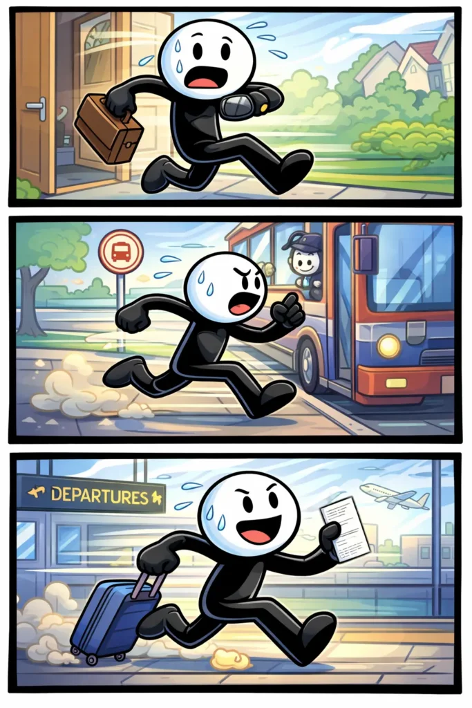 Een stickman met witte kop en zwart lichaam die snel en gehaast door verschillende situaties beweegt, struikelt en dingen laat vallen, als visuele weergave van het woord haastig.