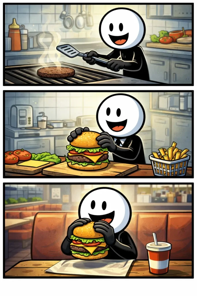 Stickman maakt en eet een hamburger met broodje, vlees en toppings in een vrolijke eetsituatie.