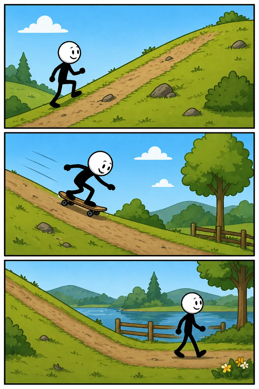 Drie panelen met een stickman met witte kop en zwart lichaam op een helling: eerst loopt hij omhoog op een schuine weg, daarna staat hij halverwege met inspanning, en in het laatste paneel rolt hij vrolijk naar beneden, waarbij de helling duidelijk zichtbaar is in elk tafereel.