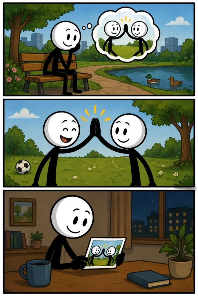Een Toonwords-strip met drie panelen waarin een stickman een foto bekijkt, terugdenkt aan een moment en glimlachend wegdroomt bij een warme herinnering.