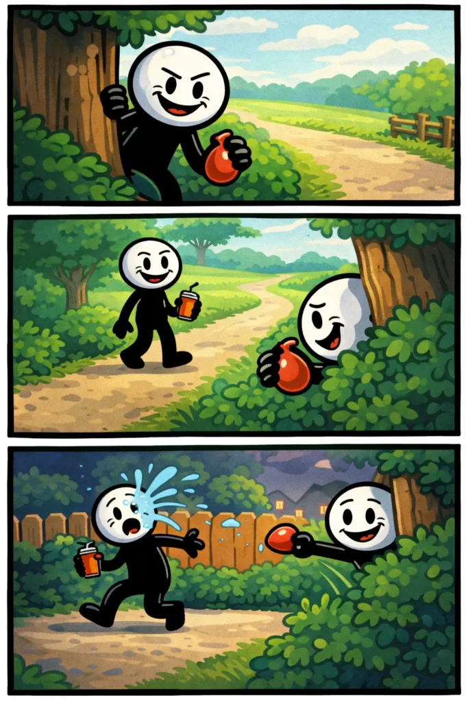 Een stickman ligt verstopt achter struiken, wacht stil af, en springt daarna tevoorschijn in een hinderlaag terwijl een andere stickman verrast reageert.