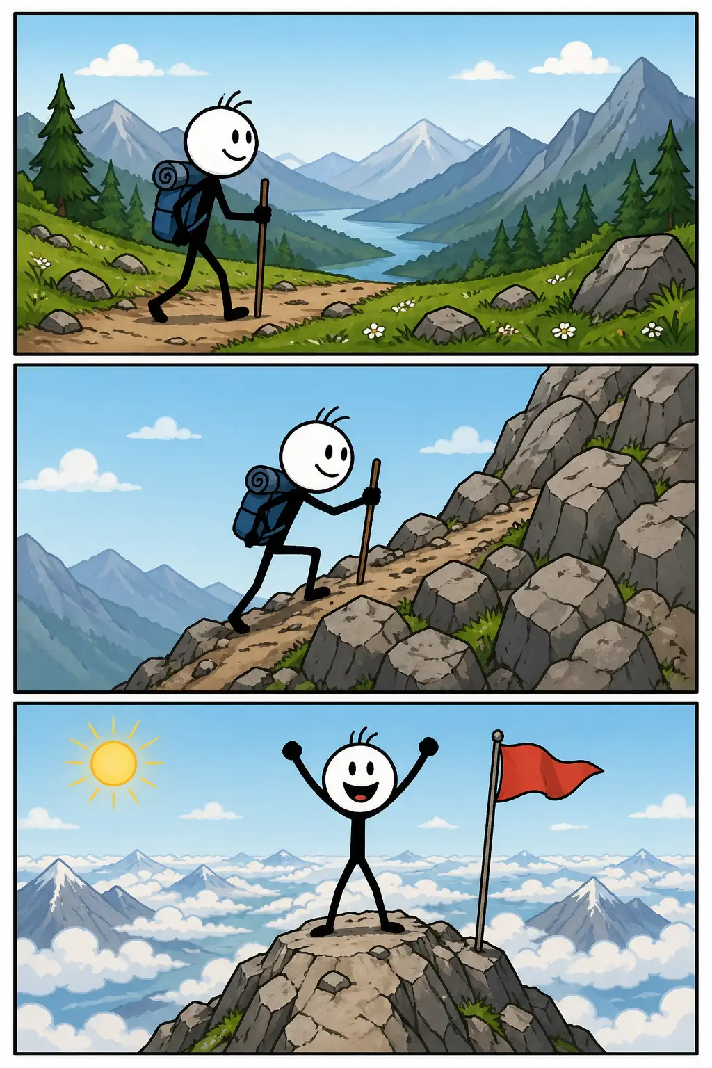 Drie verticale strip-panelen met een stickman die een berg beklimt en uiteindelijk op de top staat met een blij gezicht, dit beeldt het woord hoogtepunt uit