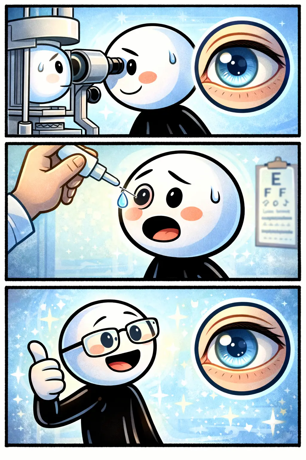 Stickman wijst naar zijn oog en beschermt het hoornvlies terwijl licht erop valt, waardoor zichtbaar wordt hoe belangrijk het hoornvlies is voor helder zien.