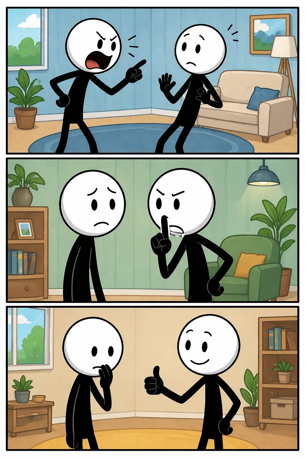 Drie panelen met het thema hou je mond: eerst praat een stickman luid terwijl een ander schrikt, daarna maakt de ander een streng gebaar met een vinger voor de mond, en in het laatste paneel is het stil en ontspannen terwijl beide figuren rustig naast elkaar staan.