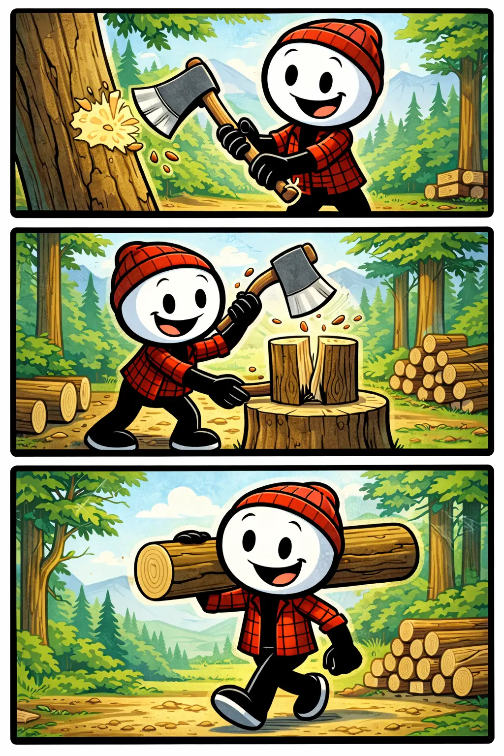 Een vrolijke stickman met witte kop en zwart lichaam werkt als houthakker in een bos, hakt een boom om, zaagt hout in stukken en stapelt de boomstammen netjes op.