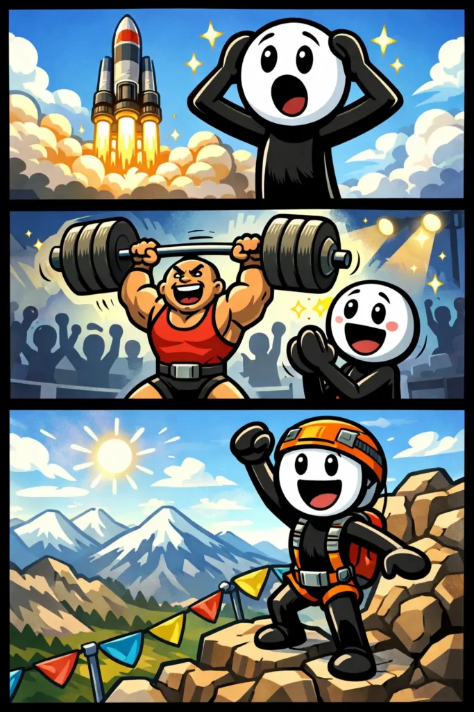 Stickman kijkt met open mond naar een raketlancering, juicht bij een krachtpatser en staat trots op een bergtop bij zonlicht, allemaal momenten die indrukwekkend aanvoelen