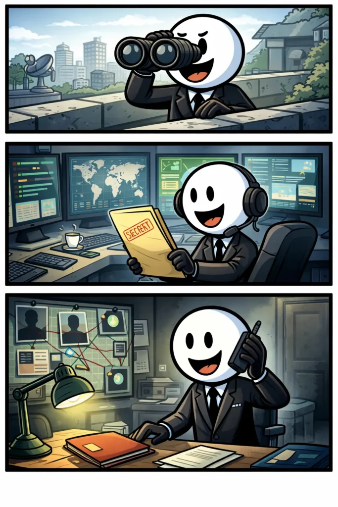 Stickman werkt voor een inlichtingendienst en verzamelt informatie via observatie, analyse en communicatie in verschillende geheime omgevingen.