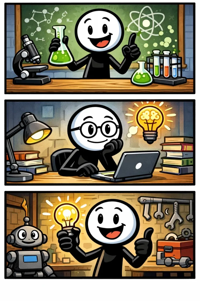 Een intelligente stickman werkt in drie scènes: eerst experimenteert hij vrolijk in een laboratorium met reageerbuizen, daarna denkt hij rustig na achter een laptop met een brandend idee-lampje, en tenslotte presenteert hij trots een oplossing in een werkplaats naast een robot.