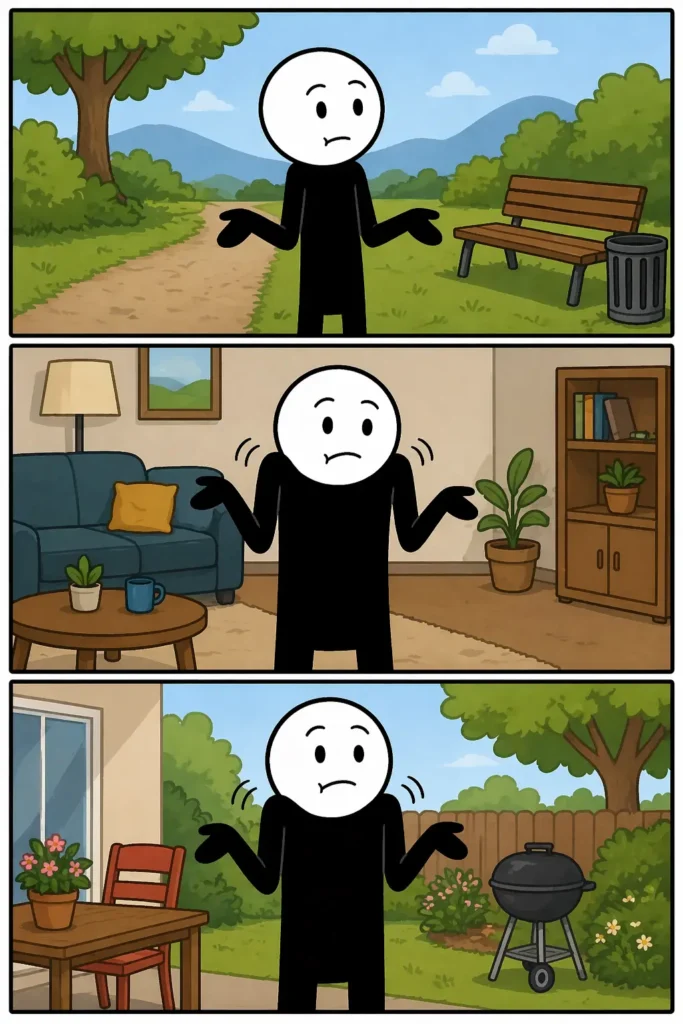 Drie panelen met een stickman die je schouders ophalen laat zien: eerst kijkt hij vragend om zich heen, daarna tilt hij zijn schouders op met open handen, en tenslotte blijft hij ontspannen staan alsof het hem niets kan schelen.