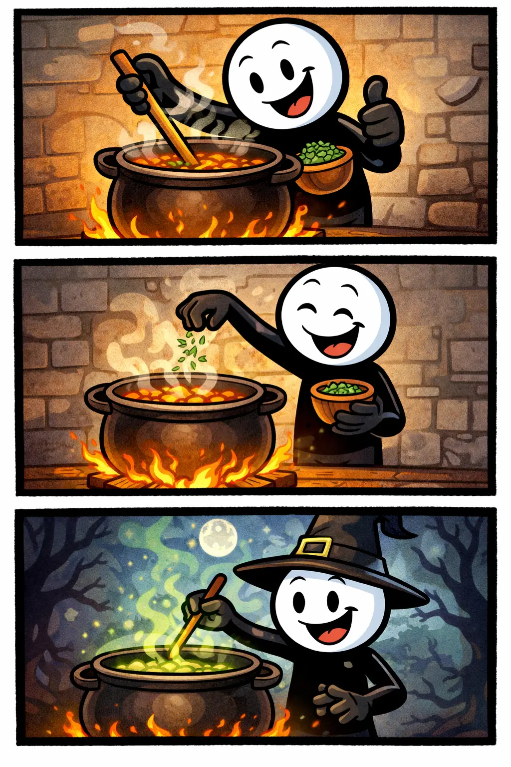 Een kleurrijke Toonwords-strip van een ketel: een stickman met witte kop en zwart lichaam vult een metalen ketel met water, hangt deze boven een vuur en schenkt daarna warme vloeistof in een kom.