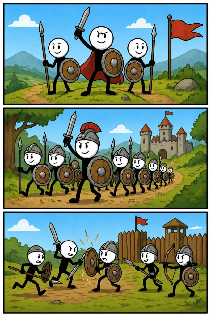 Drie panelen met een stickman met witte kop en zwart lichaam als krijger: in het eerste paneel staat hij samen met anderen klaar met een vastberaden houding, in het tweede paneel bewegen ze vooruit als groep, en in het derde paneel staan ze trots en sterk na hun inzet, wat het idee van krijgers duidelijk laat zien.