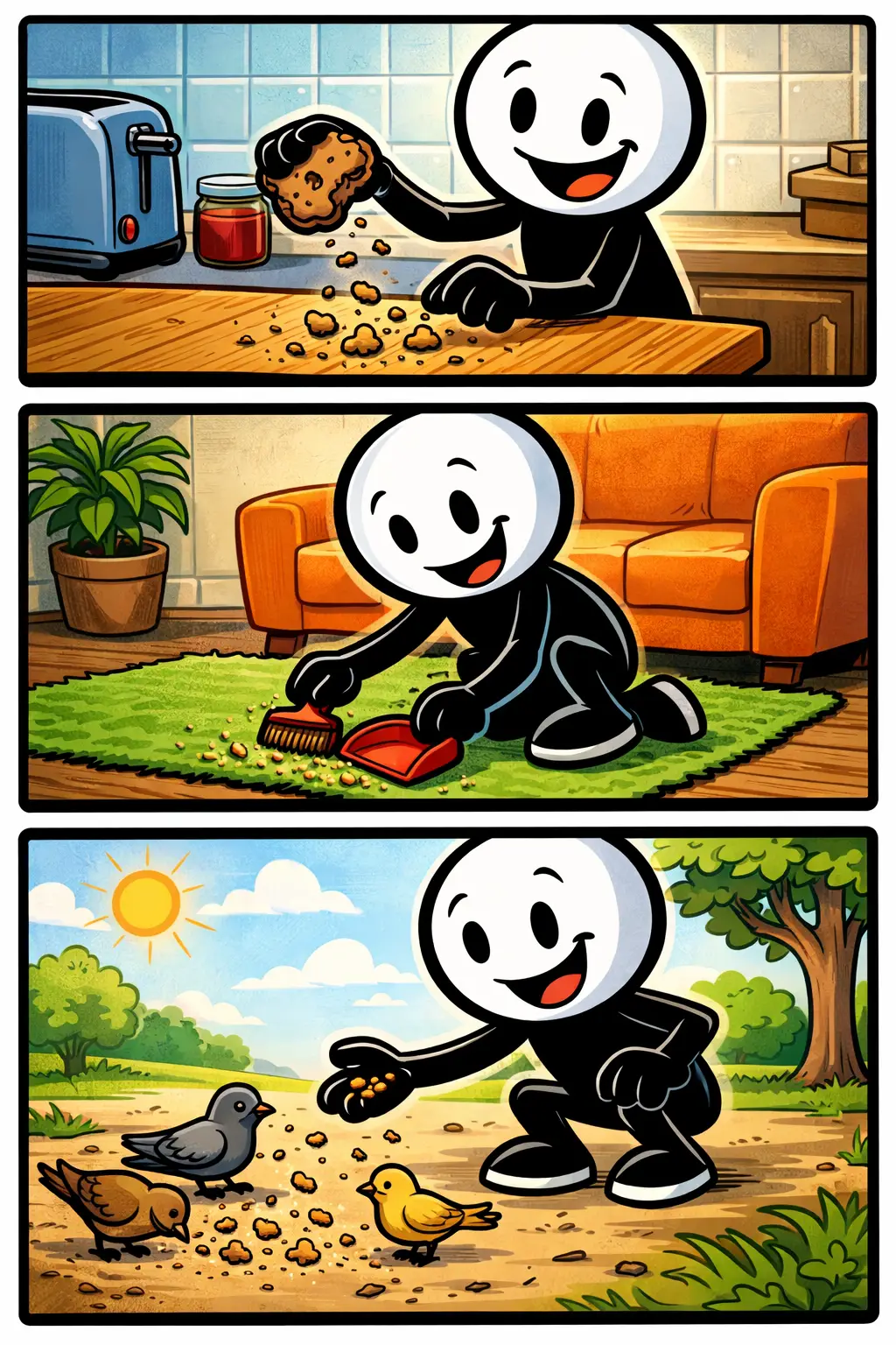 Een vrolijke stickman met witte kop en zwart lichaam maakt kruimels op een keukentafel, veegt ze op in de woonkamer en strooit ze buiten voor vogels in een zonnig park.