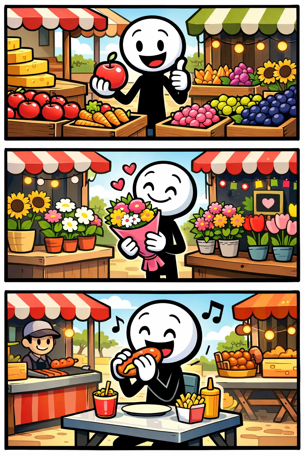 Een kleurrijke strip met drie panelen van een stickman op een markt: eerst loopt hij langs kraampjes met groenten en fruit, daarna bekijkt hij producten en praat met een verkoper, en in het laatste paneel rekent hij iets af en loopt tevreden weg met een tas, terwijl de levendige sfeer van de markt zichtbaar is.