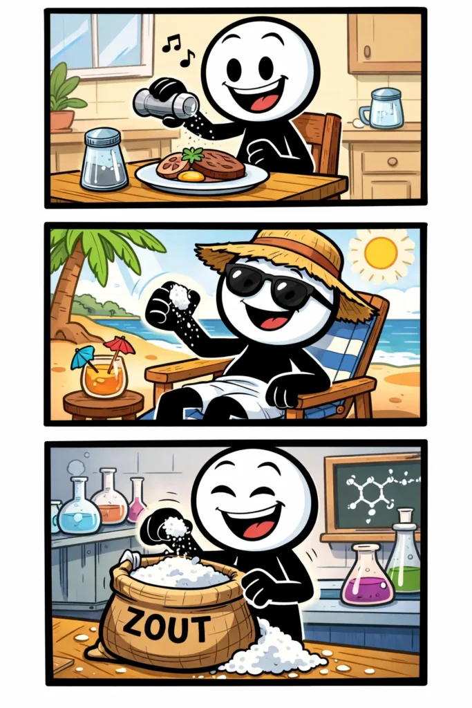 Drie panelen met een stickman die een overdreven verhaal hoort, vervolgens zout strooit over het idee en daarna lachend relativeert: met een korreltje zout nemen.