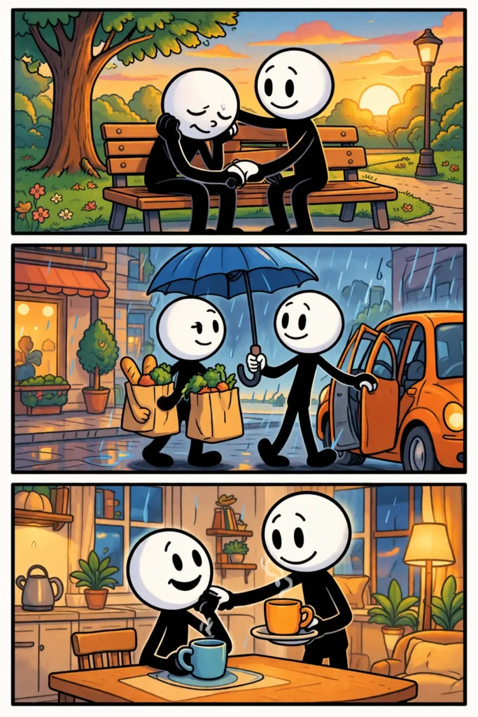 Drie panelen onder elkaar in Toonwords-stijl met een stickman met witte kop en zwart lichaam. In het eerste paneel helpt een vriend de ander overeind op een heuvel. In het tweede paneel lopen ze samen onder een paraplu in de regen. In het derde paneel zitten ze samen binnen met warme drank terwijl de een de ander troost. Dit beeldt uit: Mijn steun en toeverlaat.