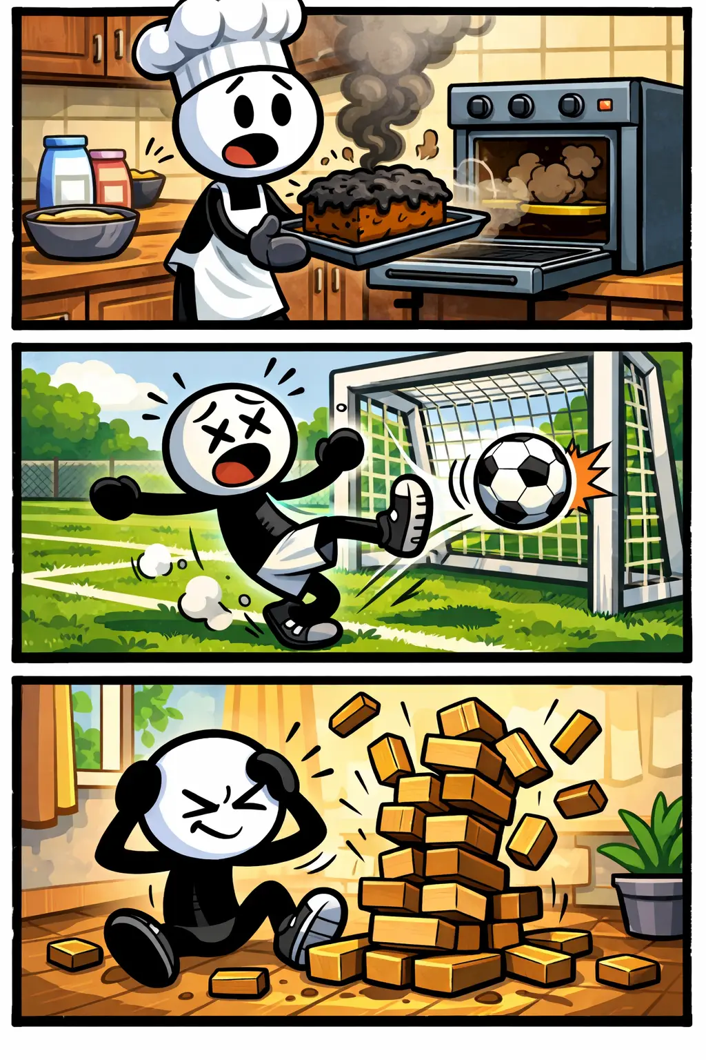 Een stickman met witte kop en zwart lichaam probeert iets en ziet het misgaan in drie scènes die het proces van mislukken laten zien.