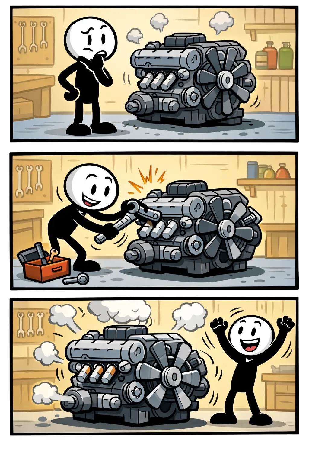 Een Toonwords-strip met drie panelen: een stickman staat bij een stilstaande motor, start hem met een blij gezicht en ziet hoe de motor krachtig begint te draaien terwijl alles om hem heen in beweging komt.