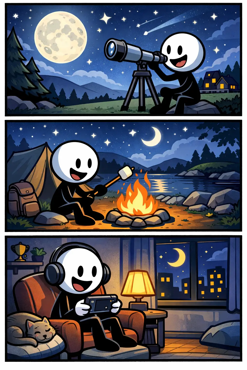 Een strip met drie panelen waarin een stickman de Nacht beleeft: eerst kijkt hij naar de ondergaande zon, daarna wandelt hij onder een sterrenhemel en tenslotte slaapt hij rustig onder de maan in een stille omgeving.