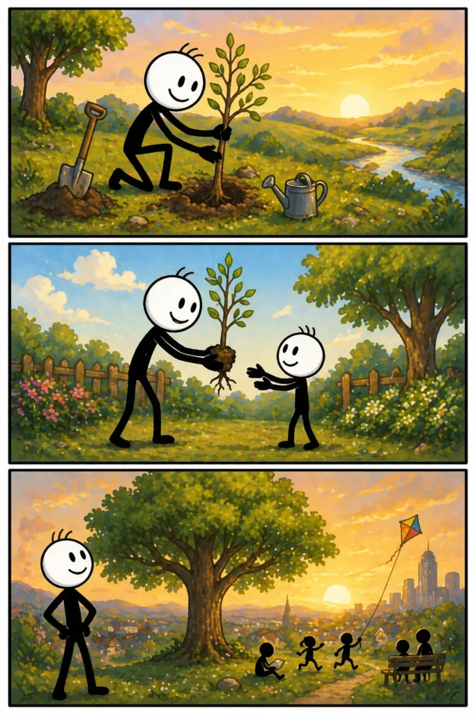 Drie verticale strip-panelen met een stickman die iets opbouwt, het doorgeeft aan een ander en uiteindelijk iets achterlaat dat blijft bestaan, dit beeldt nalatenschap uit