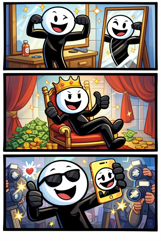 Een stickman met witte kop en zwart lichaam die zichzelf bewondert in een spiegel, anderen negeert en trots poseert, als visuele weergave van het woord narcist.