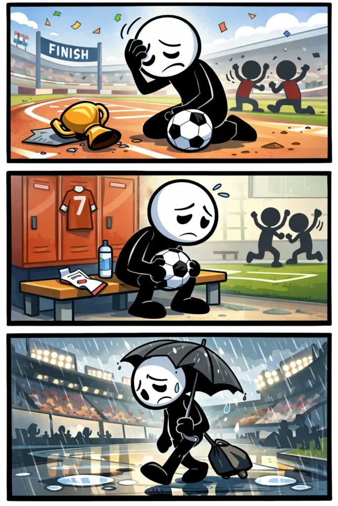 Een stickman met witte kop en zwart lichaam verliest een wedstrijd en toont teleurstelling na een nederlaag in drie verschillende scènes.