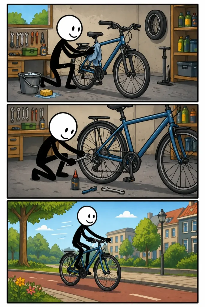 Onderhouden: een stickman repareert eerst een kapotte fiets, daarna smeert hij de ketting en maakt alles schoon, en in het laatste paneel rijdt de fiets soepel terwijl hij tevreden toekijkt.