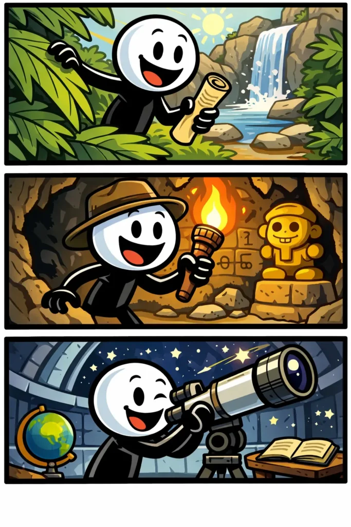 Een blije stickman met witte kop en zwart lichaam ontdekt nieuwe dingen in drie scènes: eerst in een groene jungle met een kaart bij een waterval, daarna in een donkere grot met een fakkel en een gouden beeld, en tenslotte in een sterrenkoepel waar door een telescoop naar de ruimte wordt gekeken.