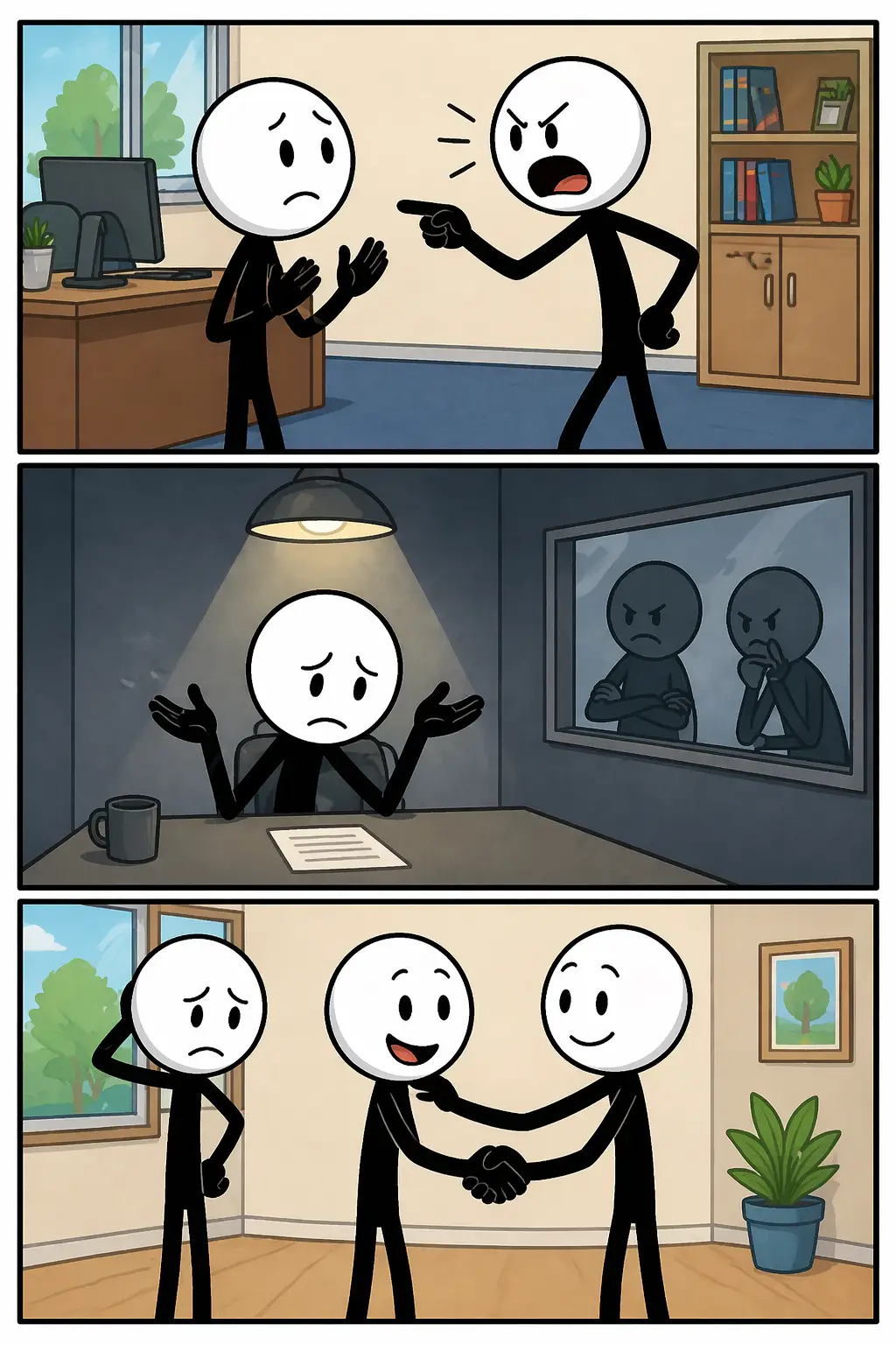 Drie panelen over een onterechte beschuldiging: eerst wijst een boze stickman beschuldigend naar een ander die schrikt, daarna zit de beschuldigde onzeker aan een tafel terwijl anderen hem wantrouwen, en in het laatste paneel volgt opluchting wanneer de waarheid duidelijk wordt en er verzoening ontstaat.