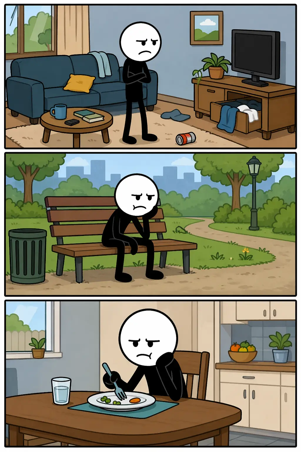 Drie panelen met een stickman die ontevreden is: eerst kijkt hij sip naar iets dat tegenvalt, daarna zucht hij met hangende schouders in een andere omgeving, en tenslotte zit hij nog steeds ontevreden ondanks verandering van situatie.