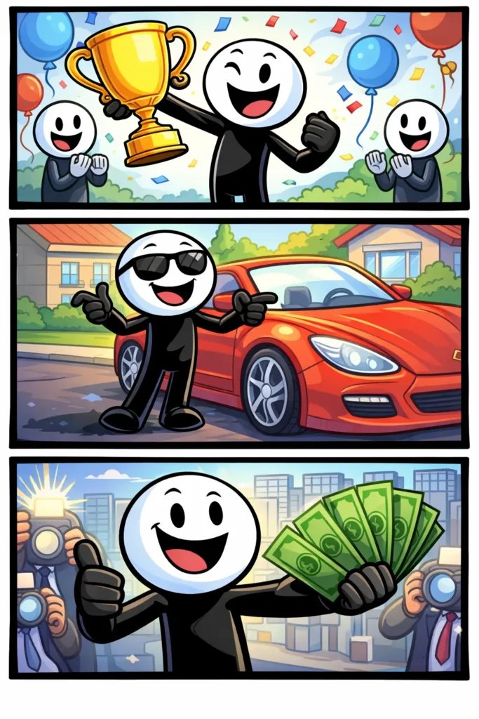 Een stickman met witte kop en zwart lichaam die overdreven zijn prestaties laat zien en zichzelf groot maakt tegenover anderen, als visuele weergave van het woord opscheppen.