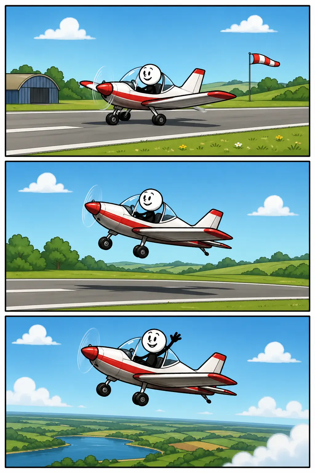 Opstijgen: een stickman met witte kop en zwart lichaam rent over een startbaan en wordt in drie stappen omhoog getild, eerst versnellen, dan loskomen van de grond en uiteindelijk stijgend in de lucht met een blij gezicht tegen een heldere lucht met wolken.