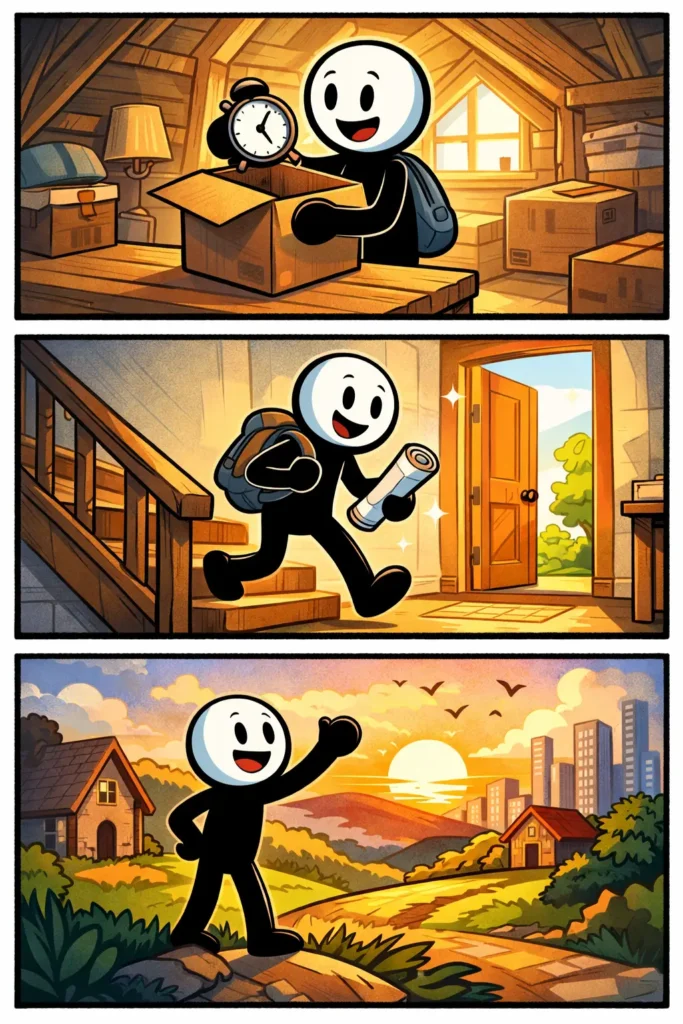 Een stickman loopt vanuit een oud decor met een deur en zachte kleuren naar een nieuw, helder landschap via een brug; het beeld laat een duidelijke overgang zien tussen twee omgevingen.