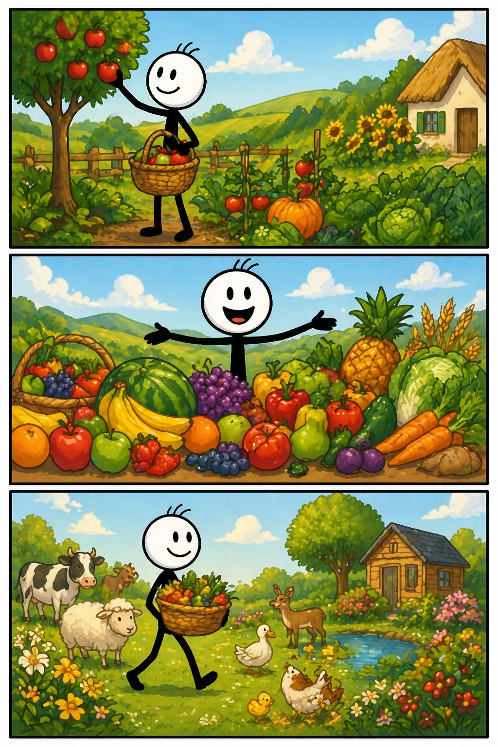 Drie verticale strip-panelen met een stickman die fruit oogst, omringd wordt door een grote hoeveelheid eten en vervolgens met een volle mand door een groene omgeving loopt, dit beeldt overvloed uit