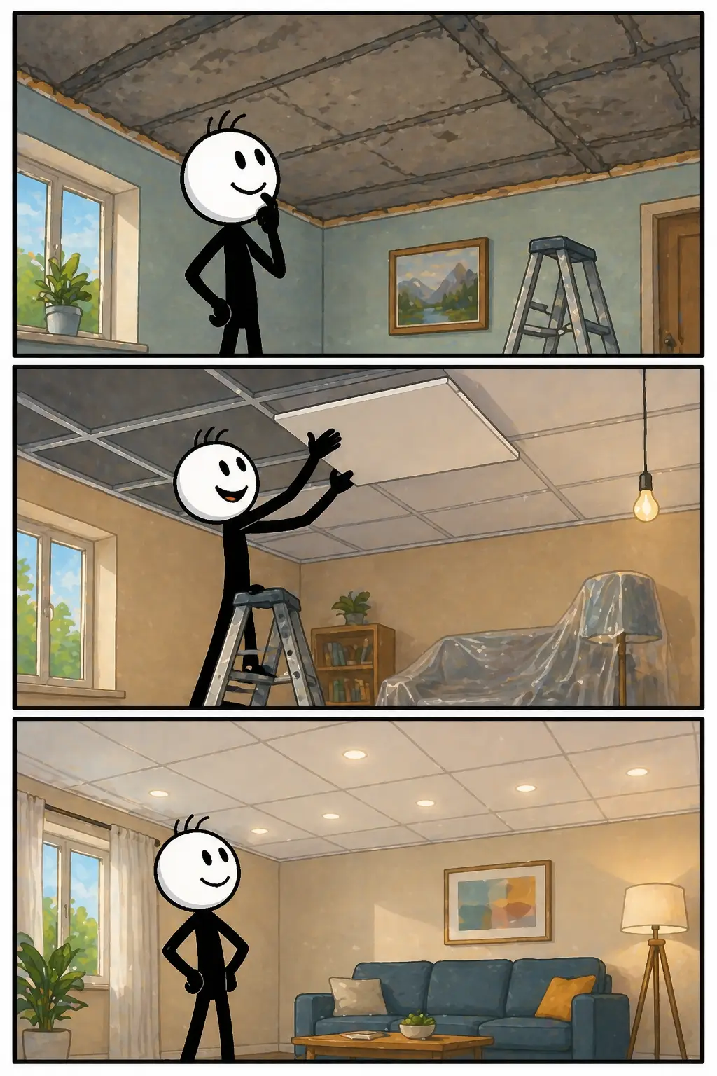 Drie verticale strip-panelen met een stickman die naar een oud plafond kijkt, het vernieuwt met panelen en daarna tevreden in een kamer staat met een afgewerkt plafond