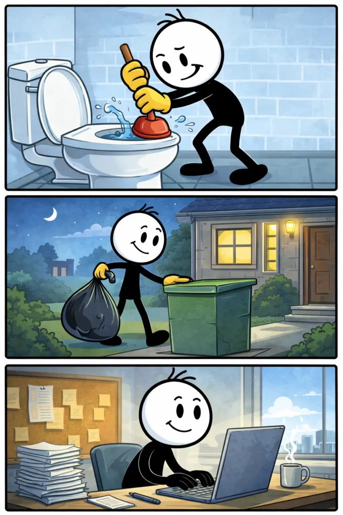 Drie panelen met een Toonwords-stickman en realiteit: eerst droomt hij weg in een fantasiewereld, daarna kijkt hij verrast naar de echte situatie om zich heen, en tot slot staat hij stevig met beide voeten op de grond en accepteert hij de realiteit.