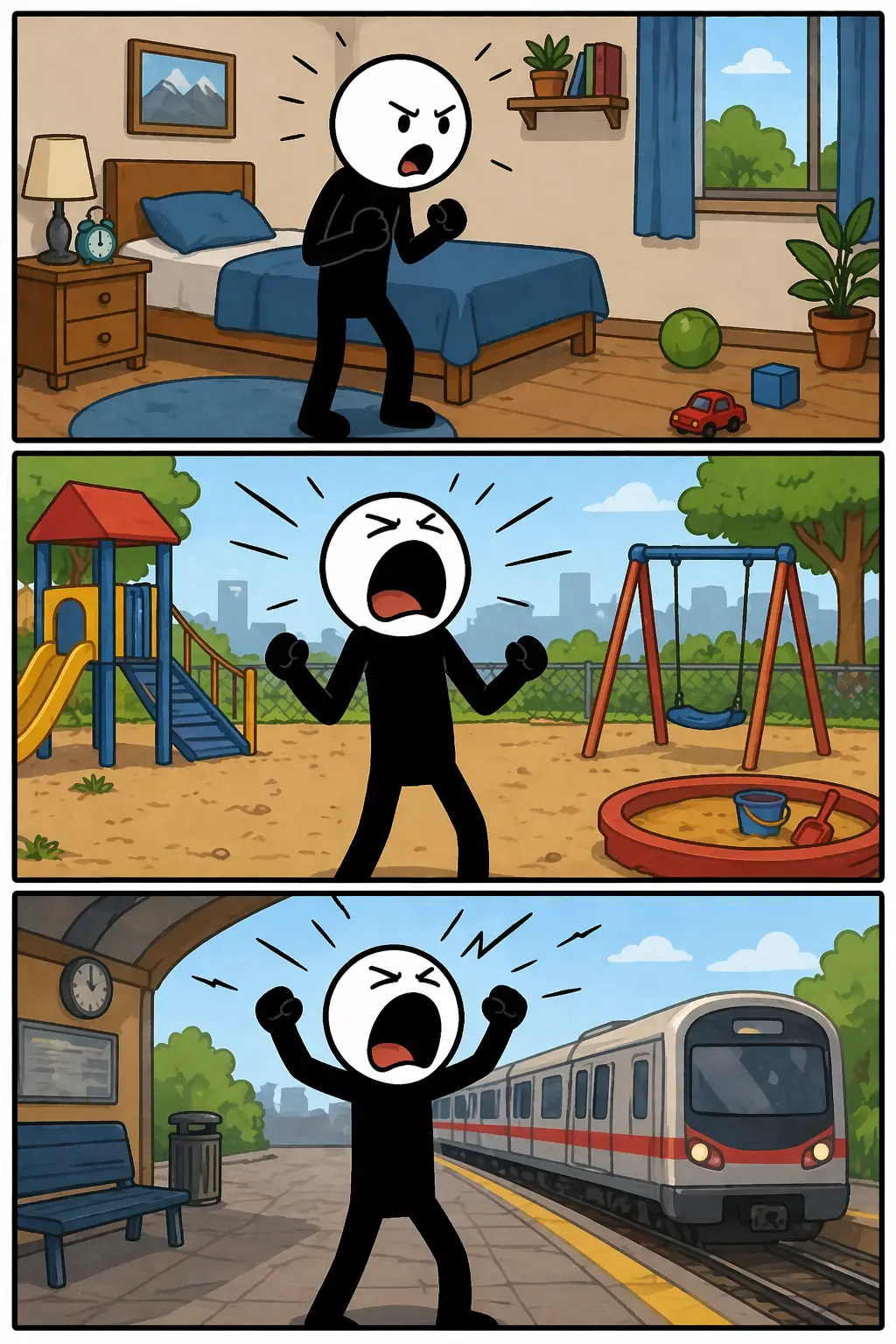 Drie panelen met een stickman die schreeuwen laat zien: eerst begint hij boos te roepen, daarna schreeuwt hij hard met open mond en gespannen houding, en tenslotte schreeuwt hij nog luider in een andere omgeving met armen omhoog.