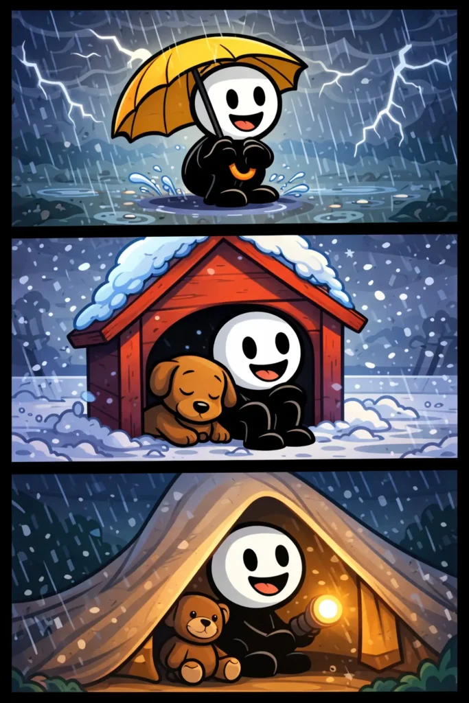 Een stickman met witte kop en zwart lichaam is aan het schuilen in drie scènes: eerst onder een boom tijdens hevige regen, daarna onder een afdakje terwijl de wind waait, en tenslotte achter een rots terwijl de zon weer voorzichtig doorbreekt, alles in kleurrijke Toonwords-stijl.