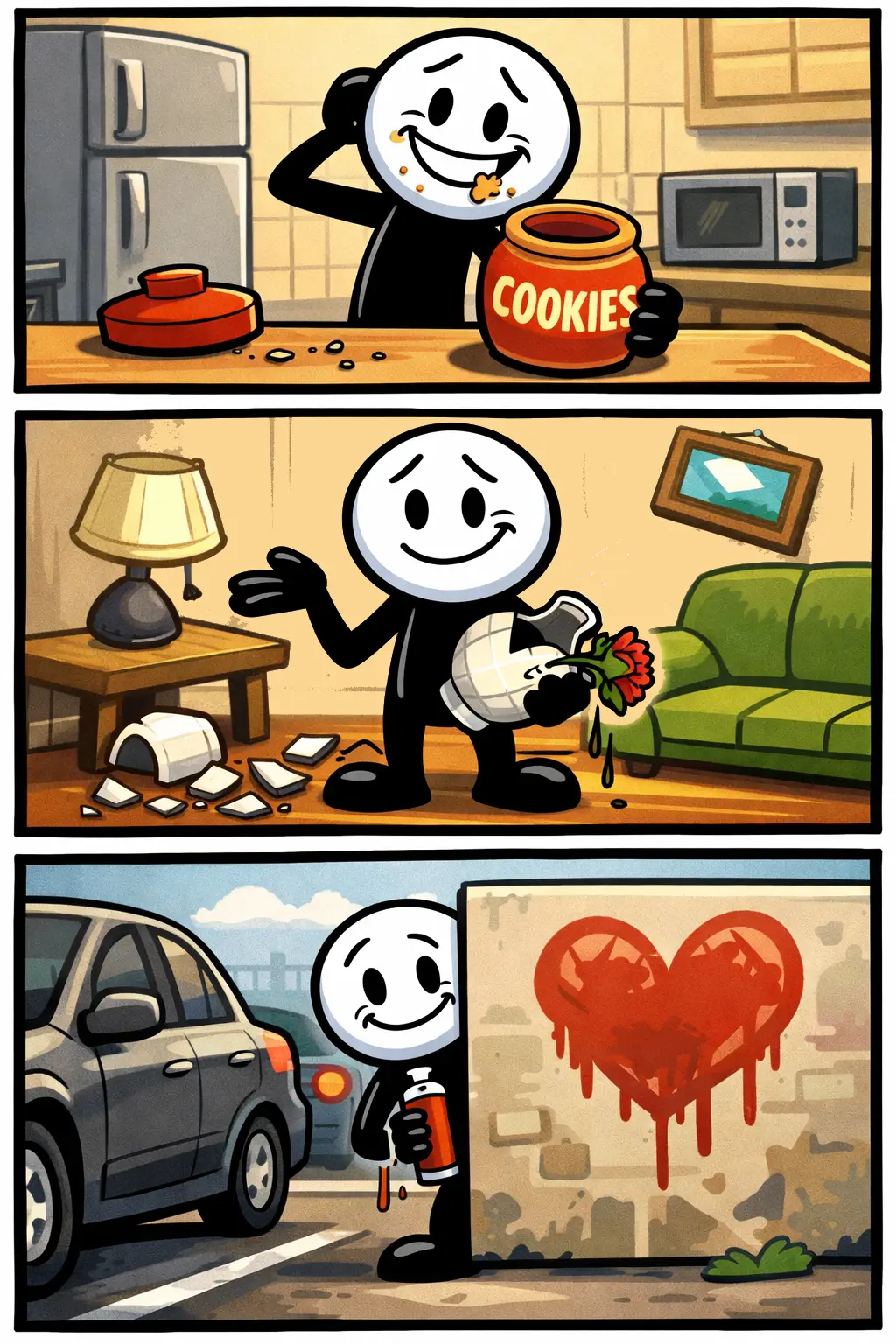 Een stickman kijkt schuldig terwijl hij naast een omgevallen vaas staat, daarna probeert hij het stiekem op te ruimen, en in het laatste paneel geeft hij eerlijk toe wat er gebeurd is.