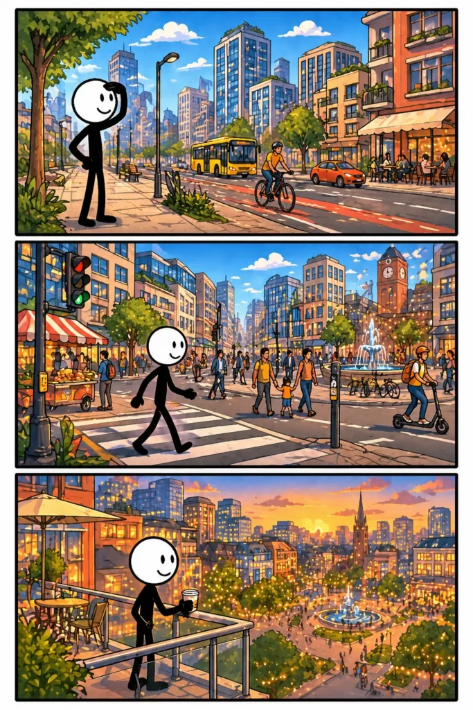 Stad: een stickman kijkt uit over een skyline vol gebouwen, loopt daarna door een drukke straat met verkeer en mensen, en zit tenslotte ontspannen aan het water terwijl de stad verlicht is in de avond.