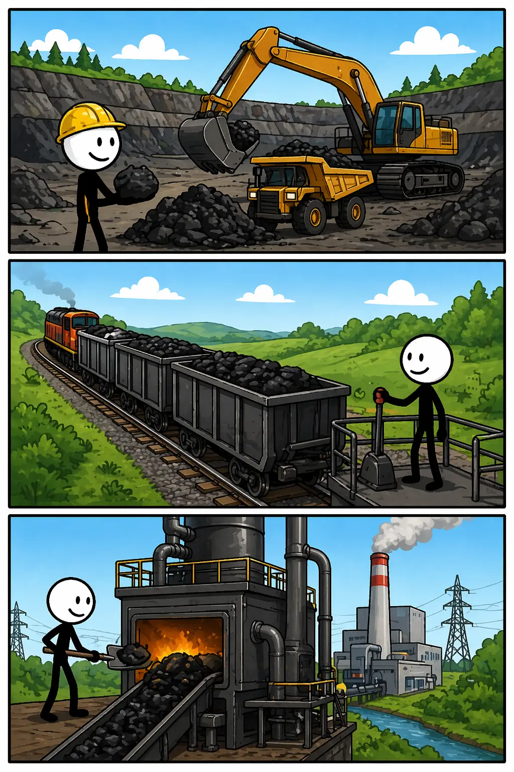 Steenkool: een Toonwords-stickman haalt zwarte brokken uit een groeve, vervoert ze per trein en gebruikt ze in een brandende installatie met rook.