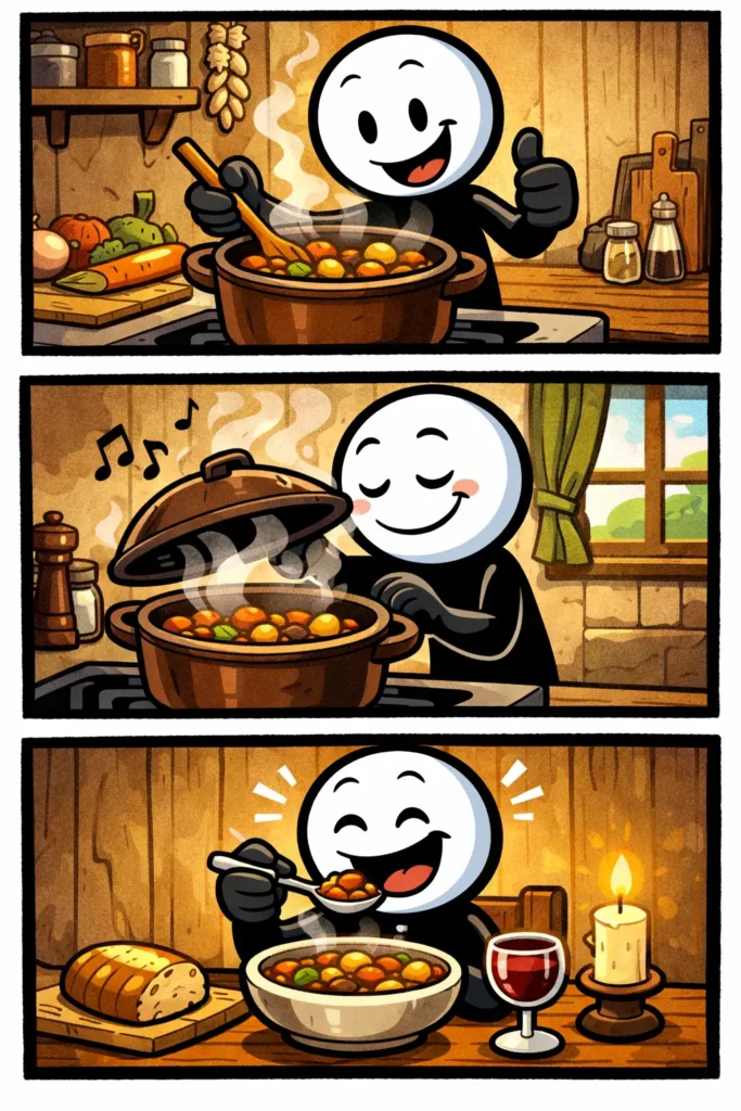 Een kleurrijke Toonwords-strip van een stoofpot: een stickman met witte kop en zwart lichaam snijdt groenten, roert in een grote pan op het fornuis en geniet daarna van een warme stoofpot aan tafel.