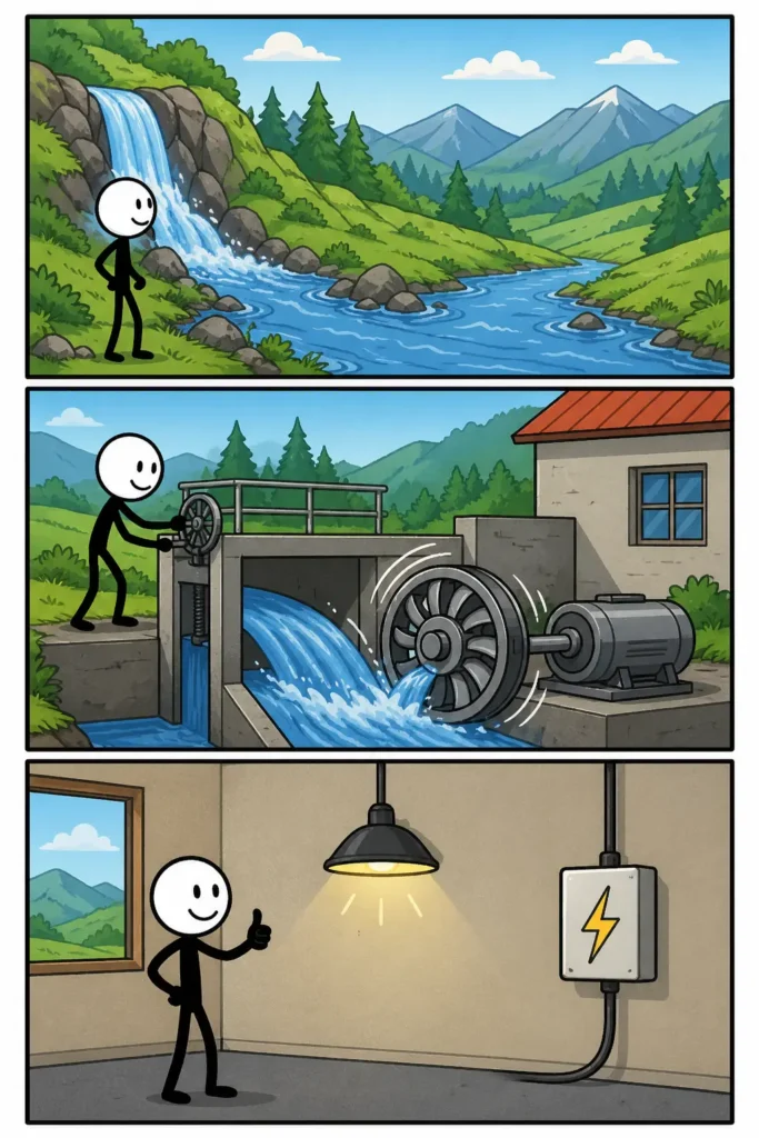 Stroom: een stickman staat bij een kronkelende rivier die door een groen landschap stroomt, daarna volgt hij het water langs stenen en bochten, en in het laatste paneel beweegt hij mee met de stroming terwijl het water rustig verder vloeit.