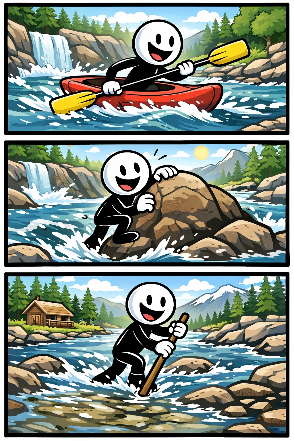 Stickman beweegt stroomopwaarts door een wilde rivier, eerst peddelend in een kajak, daarna klimmend over rotsen en uiteindelijk lopend met een stok tegen de stroming in.