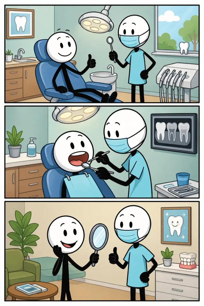 Drie panelen van een tandartsbezoek: eerst zit een stickman gespannen in een wachtkamerstoel, daarna ligt hij ontspannen in een tandartsstoel terwijl een lamp boven zijn mond schijnt en de tandarts werkt, en in het laatste paneel loopt hij opgelucht en lachend naar buiten met een stralende glimlach.