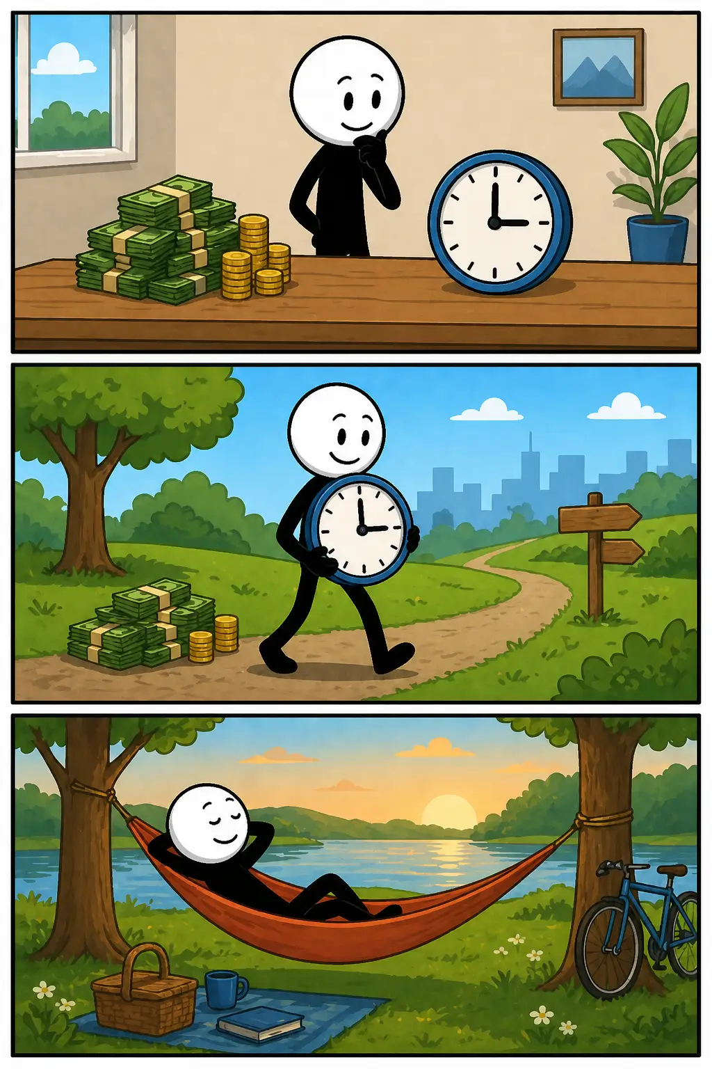 Drie panelen met een stickman met witte kop en zwart lichaam die laat zien dat tijd belangrijker is dan geld: eerst twijfelt hij tussen geld en een klok, daarna kiest hij bewust voor tijd en laat het geld liggen, en in het laatste paneel ontspant hij rustig in een hangmat bij het water terwijl de zon ondergaat.